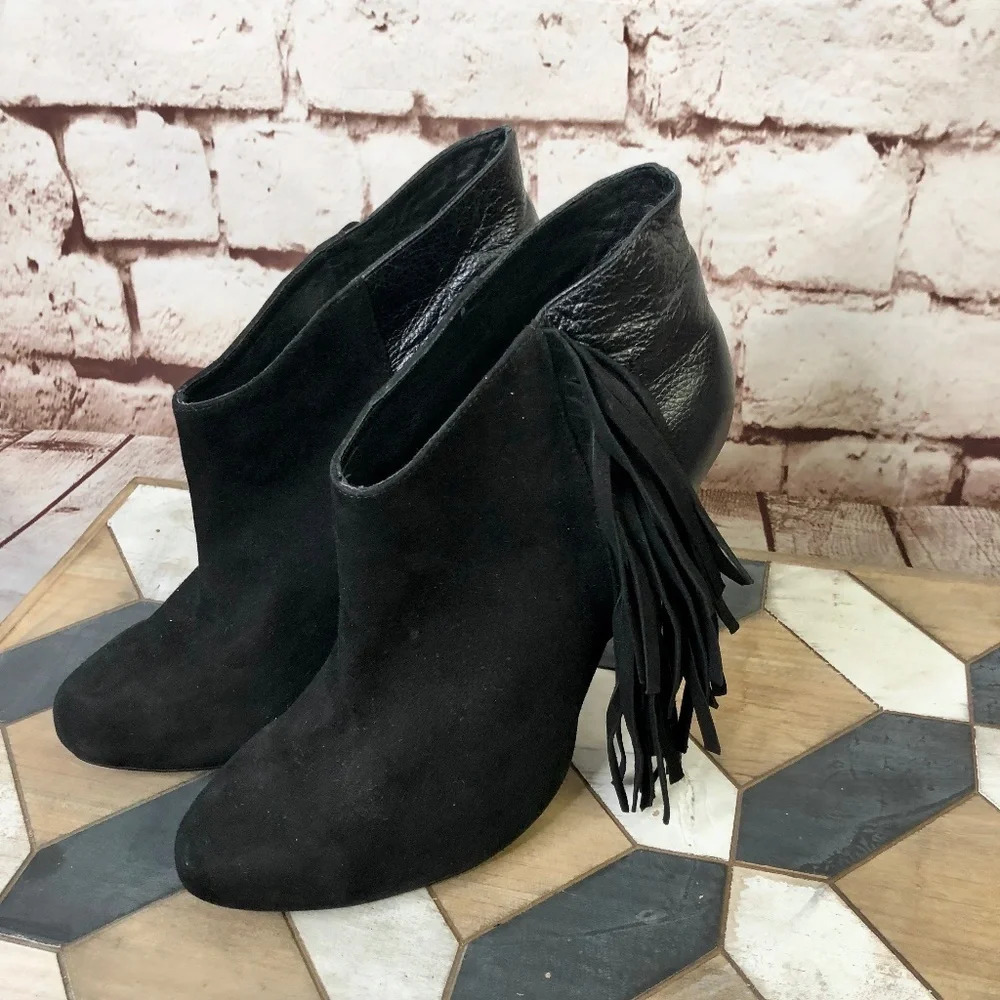 Plomo Black Suede & Leather Fringe Heeled Booties